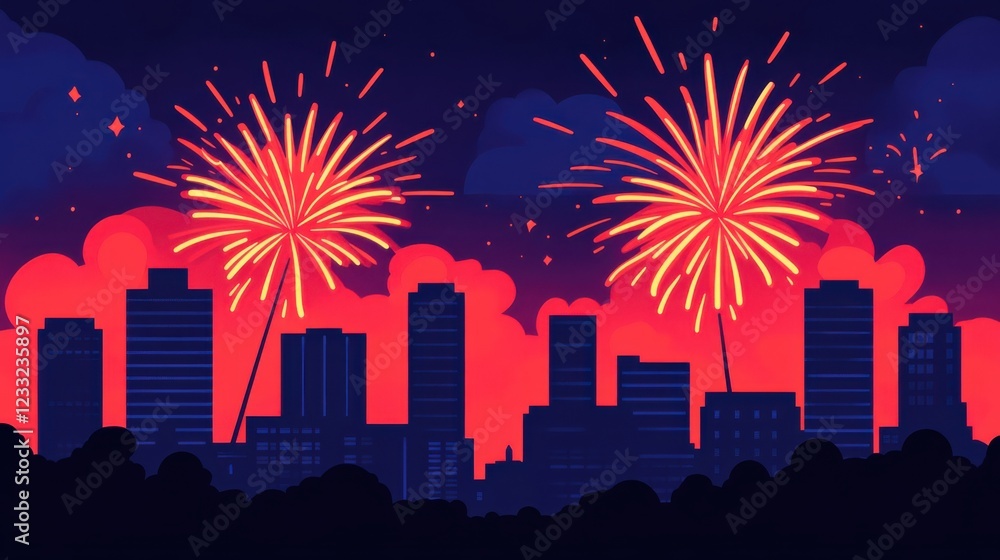 Poster captivating cityscape with a stunning display of colorful glowing fireworks bursting over the illumi
