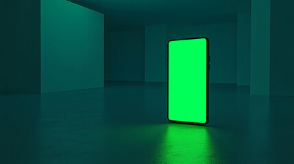 Smartphone with a blank green screen in a modern, minimalistic room with ambient lighting