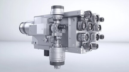 Industrial laser head, precision machining, white background, manufacturing process, for technical brochures