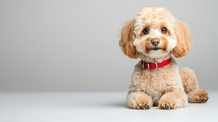 Adorable Toy Poodle Puppy Posing Studio Grey Background Pet Website Banner