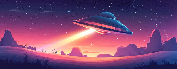 Obraz premium Cartoon illustration of a flying saucer emitting a light beam at sunset with a starry night sky