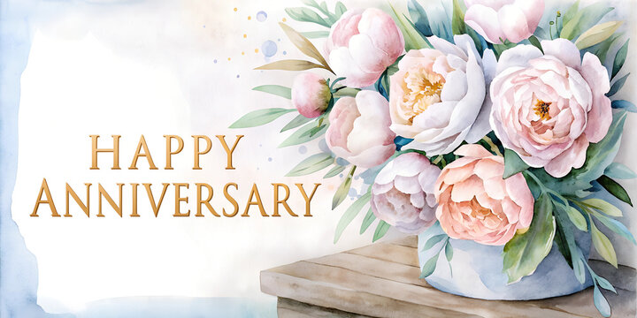 Watercolor peony bouquet in blue vase on wooden surface with gold "Happy Anniversary" text. Soft romantic composition in pastel pink and peach tones. Concept of: florist, stationery design
