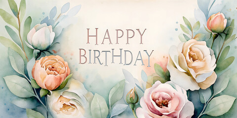 Watercolor happy birthday roses in pink and peach tones with romantic text arrangement. Delicate floral border design with soft teal background. Concept of: floral design, celebrations, greeting cards