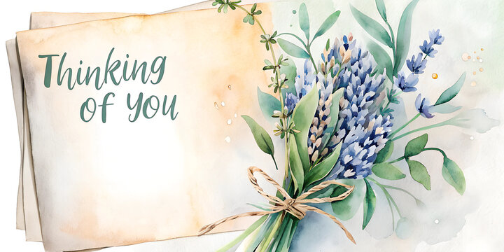 Tied lavender bouquet on vintage parchment with "Thinking of You" script. Nostalgic herbs arrangement creates sentimental mood. Concept of: sympathy cards, herbal products, vintage stationery