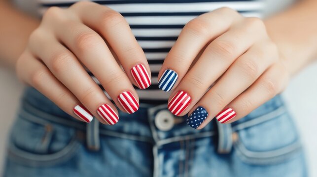 Closeup of a feminine hand with a patriotic manicure featuring red and blue striped nail polish design against a denim shorts backdrop