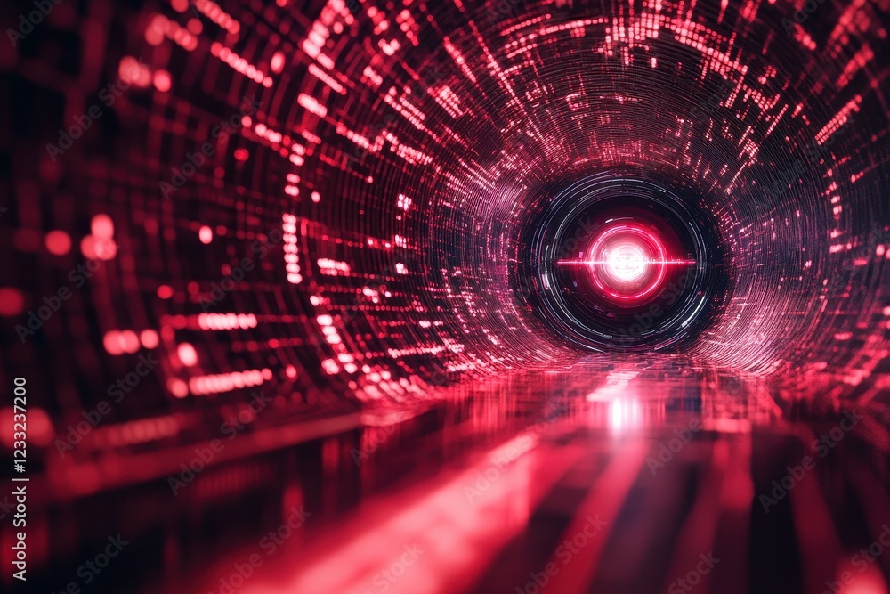 Poster red digital tunnel, glowing lines and data streams. perfect for tech, futuristic, and network concep