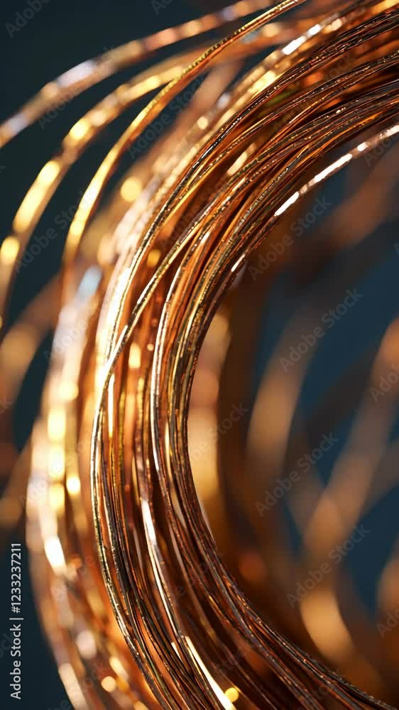 Poster intricate swirl of copper wire captures light, showcasing its shiny surface and smooth texture in a 