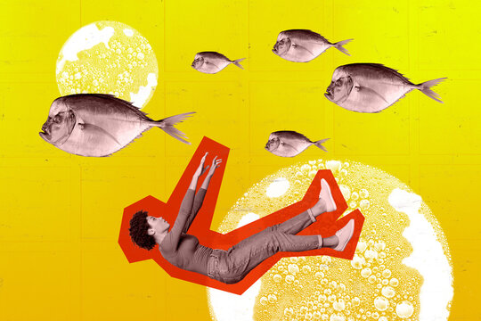 Composite trend artwork sketch image photo collage of silhouette young lady fall down diving sink water fish swim nature fishing food