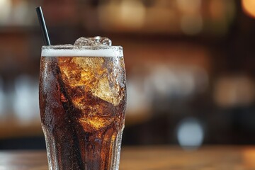 Iced cola in a glass with a straw, condensation visible. Perfect for ads, menus, or articles about beverages.