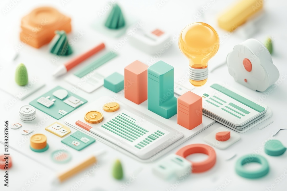 Aufkleber colorful 3d data visualization icons and geometric shapes representing a financial extraction workfl