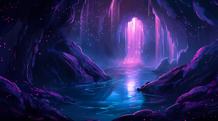 Mystical glowing canyon with a tranquil river. Midnight Canyon. Illustration