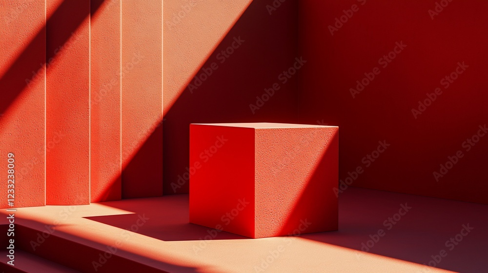 Poster Red Cube Platform Minimalist Abstract Design
