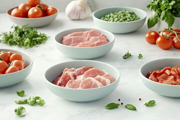 Fresh pork, tomatoes, peas, preparing meal, kitchen counter