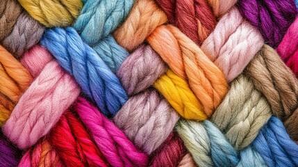 Closeup of Colorful Braided Wool Yarns Forming a Textured Pattern in Various Hues