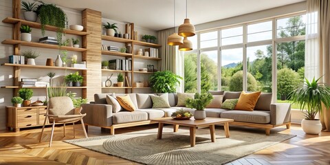 Fototapeta premium Spacious Scandinavian Living Room with Minimalist Open Shelving and Natural Materials - Modern Interior Design Inspiration