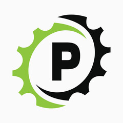 Initial Letter P Gear Logo Design Template. Automotive Gear Logo for Business and Industrial Identity