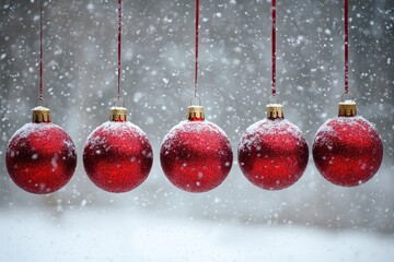 Five red ornaments hang in snowy scene. Perfect for Christmas cards, websites, or winter themed projects.