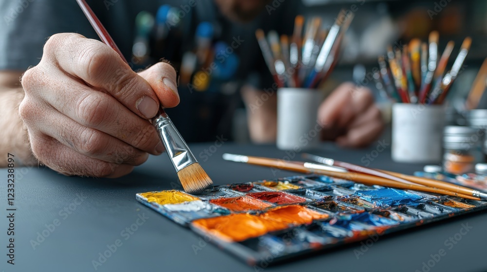 Aufkleber closeup view of a vibrant and well equipped studio workspace showcasing an array of colorful paintbr