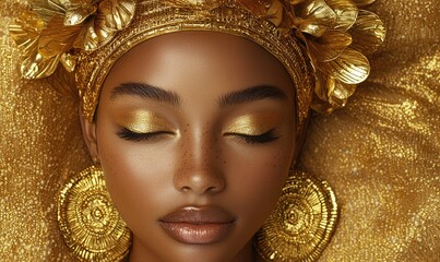A serene portrait of a woman adorned in gold, showcasing beauty and cultural elegance.