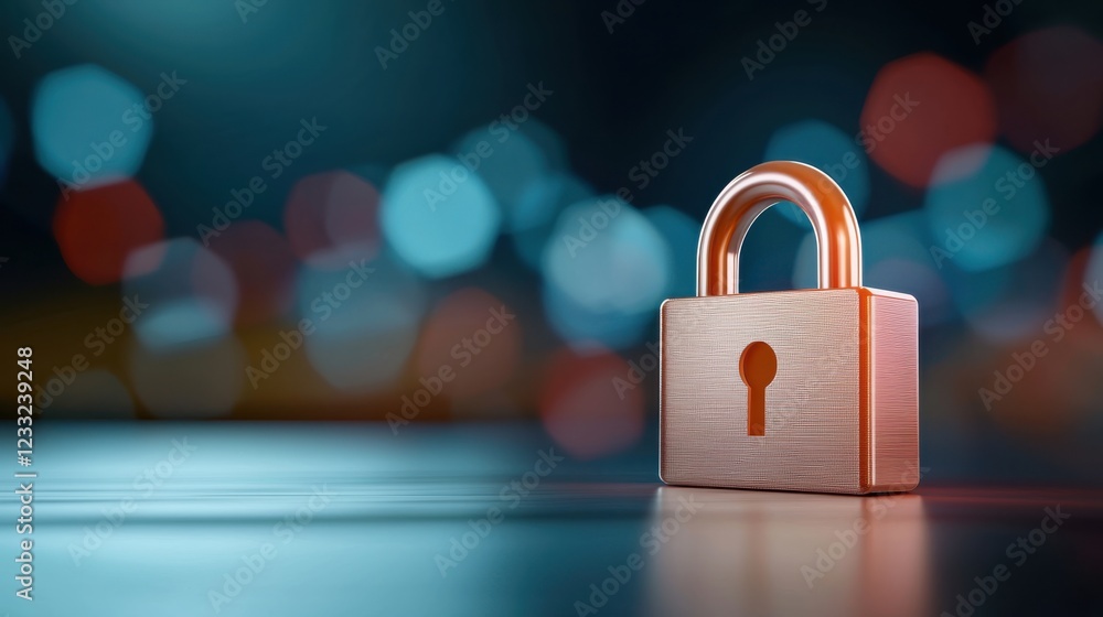Poster closeup of a glowing central lock icon against a vibrant bokeh filled digital background the lock sy