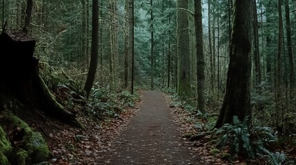 Obraz premium A tranquil trail winds through a dense forest with towering trees and fallen leaves