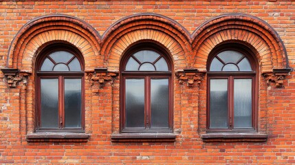 Fototapeta premium Classic Red Brick Wall with Arched Windows and Elegant Detailing