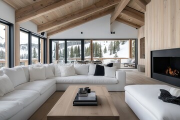 Cozy and Luxurious Ski Lodge with Roaring Fireplace and Breathtaking Mountain Views  Featuring a warm and inviting interior with rustic chic design plush furnishings