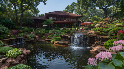 Naklejka premium Scenic backyard garden featuring a cascading waterfall and pond in front of a luxury estate during daytime.