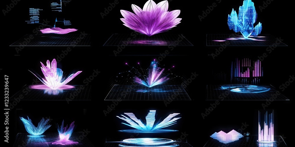 Poster holographic data visualization; abstract flowers, charts, and graphs on digital screens. use tech pr