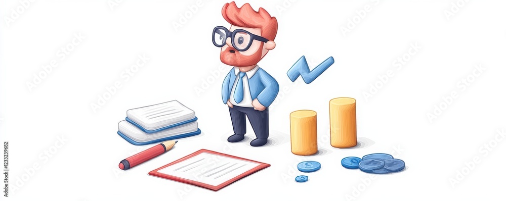 Aufkleber cartoon character of a business professional analyzing financial data documents and charts on a desk