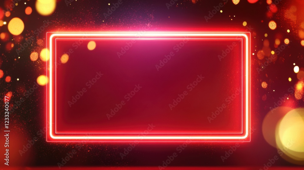Poster bright neon frame on a dark background with sparkling bokeh lights