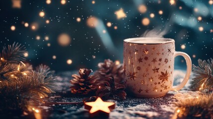 A steaming mug of hot chocolate sits on a snowy surface, surrounded by pine cones, star-shaped ornaments, and twinkling Christmas lights.