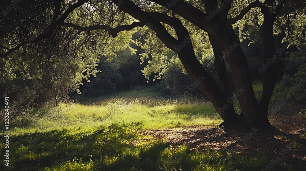 Poster sunlight filters through the trees onto a grassy field in a tranquil forest