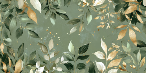 Elegant olive green and ivory botanical pattern with glowing gold leaf accents for a natural luxury style.