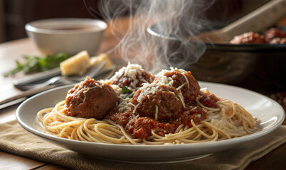 Steaming spaghetti with meatballs and tomato sauce