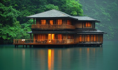 Fototapeta premium A serene wooden house on stilts surrounded by lush greenery and calm water.