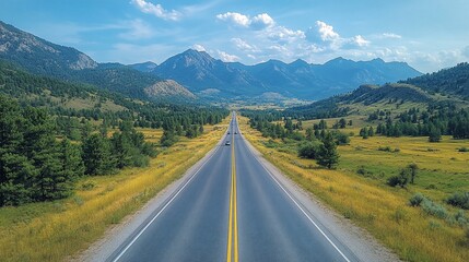 Fototapeta premium Scenic highway stretching through lush green fields and mountains under a clear blue sky