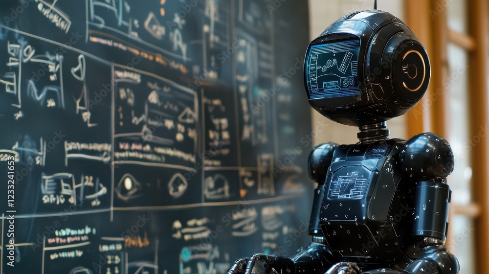 Poster futuristic robot with digital screen in technology workspace