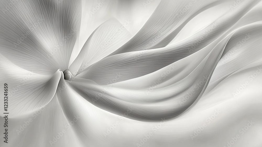 Poster abstract grayscale floral swirl; soft, flowing petals; light background; elegant design for website 