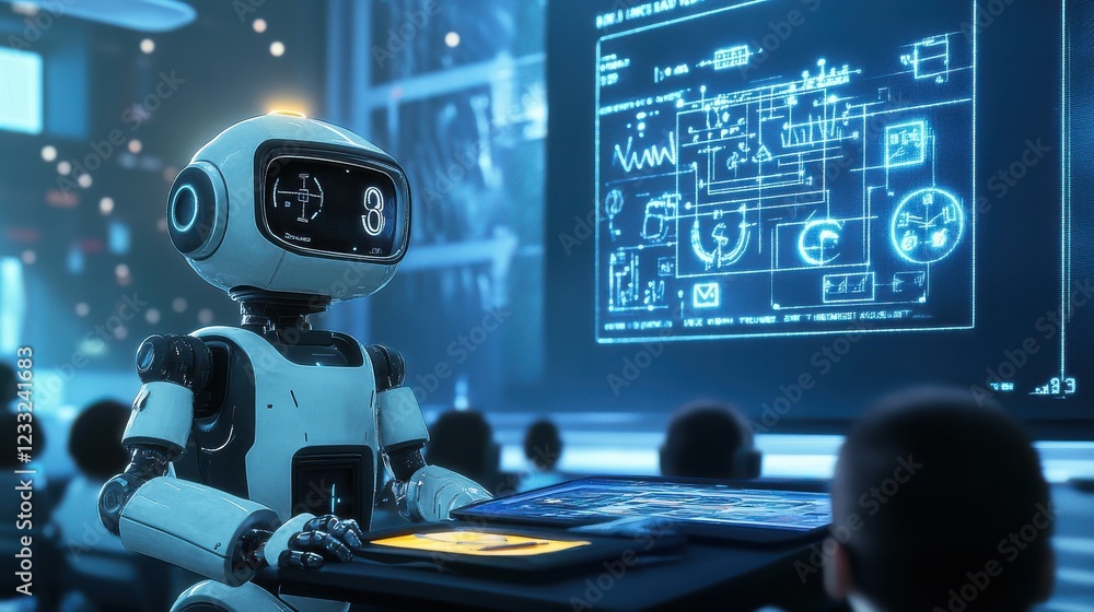 Poster robot presenting technology concepts in modern classroom setting