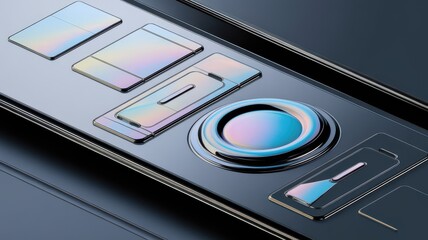 A close-up view of a futuristic control panel featuring sleek, glossy buttons with holographic reflections and an artistic design.