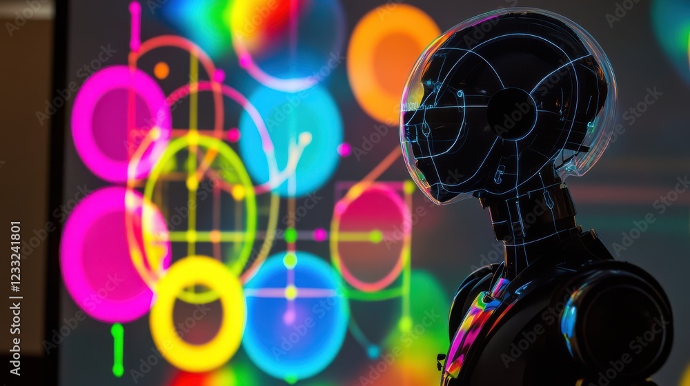 Poster futuristic robot with neon circles and geometric patterns display