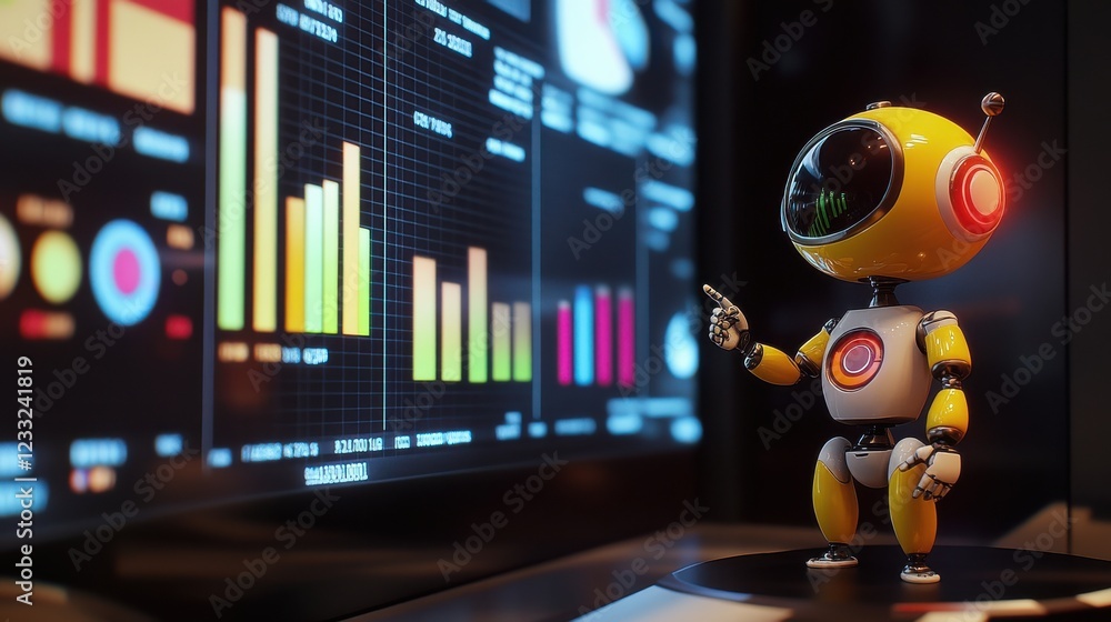 Poster cute robot character pointing at colorful data visualization charts