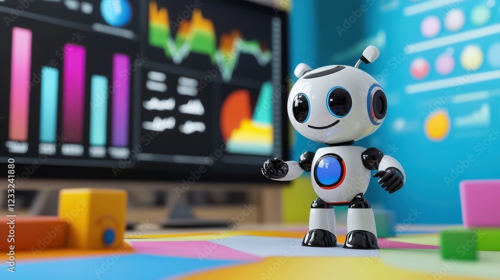Poster cute robot figure standing in front of colorful graphs and charts