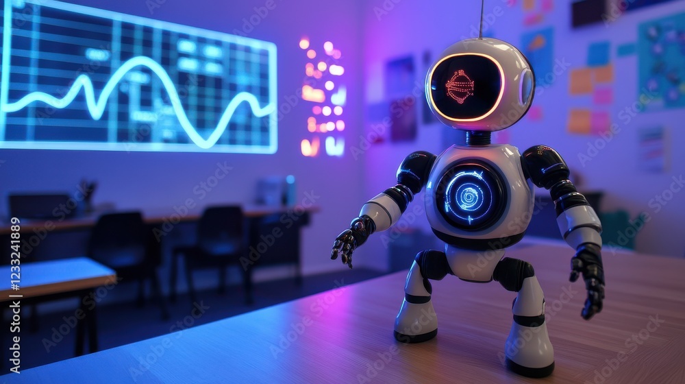 Poster modern robot in tech office with vibrant lights and graphics