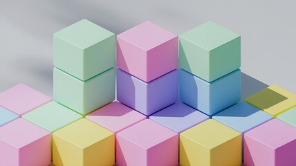 Obraz premium Colorful pastel cubes arranged in a playful stack, creating a cheerful and inviting atmosphere in this minimalistic scene.