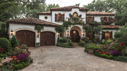 Fototapeta premium Mediterranean-style house, lush garden, driveway, evening light, real estate