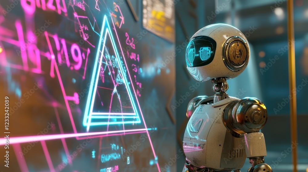 Poster futuristic robot analyzing neon mathematics on digital interface