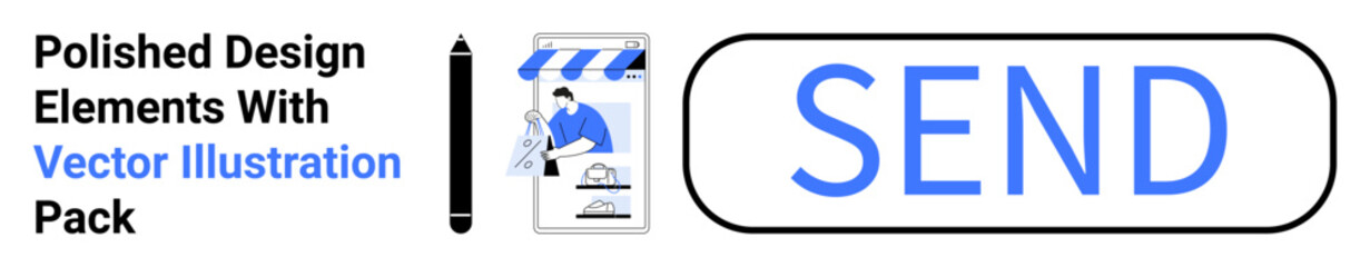 Pen, stylized storefront, character working, and Send button emphasize design, communication, and creativity. Ideal for marketing, digital tools, online business e-commerce email design flat