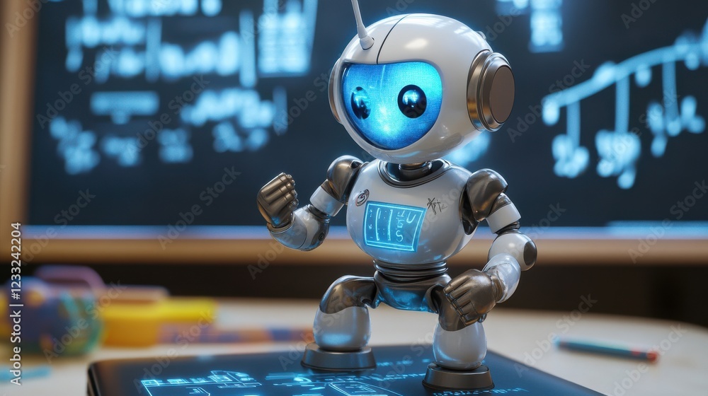 Poster cute robot character with futuristic features and friendly expression